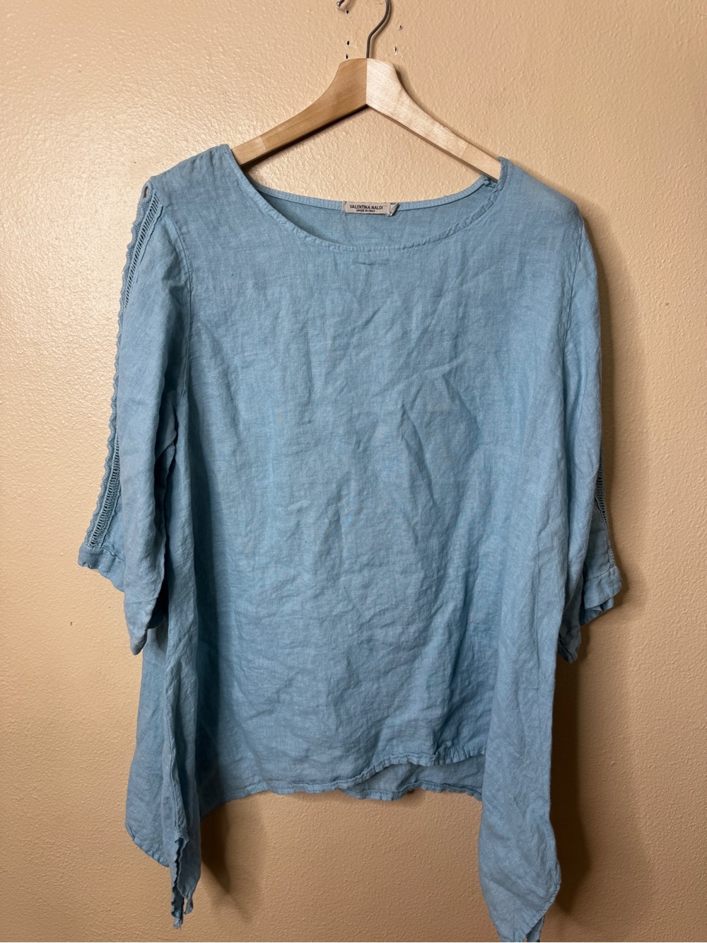 Valentina Naldi Women’s 2X Blue 100% Linen Blouse Eyelet Sleeves Made in Italy